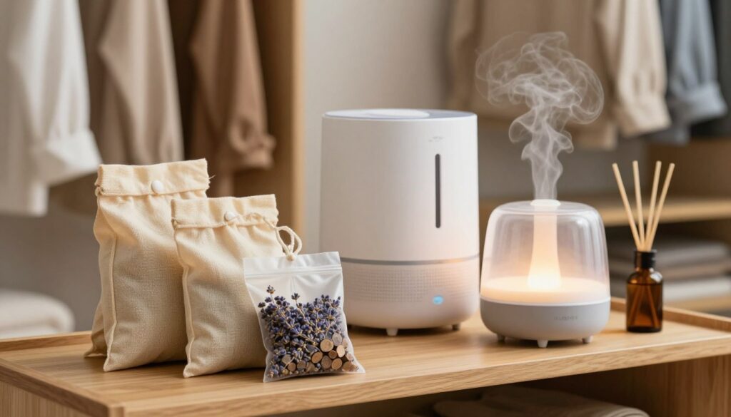 A serene and organized closet interior, showcasing various air purifying accessories and products effectively combating musty odors. In the foreground, display a set of elegant, natural bamboo charcoal bags and sachets filled with lavender and cedarwood, prominently positioned on a sleek wooden shelf. The middle ground features a modern dehumidifier and an essential oil diffuser, emitting a soft mist and gentle light. The background reveals neatly arranged clothing and soft lighting, creating a calm atmosphere, with subtle shadows enhancing depth. Use a warm color palette, ensuring a cozy and inviting feel. The scene is captured with a soft-focus lens effect, conveying tranquility and cleanliness, making it visually appealing and informative for readers. A serene and organized closet interior, showcasing various air purifying accessories and products effectively combating musty odors. In the foreground, display a set of elegant, natural bamboo charcoal bags and sachets filled with lavender and cedarwood, prominently positioned on a sleek wooden shelf. The middle ground features a modern dehumidifier and an essential oil diffuser, emitting a soft mist and gentle light. The background reveals neatly arranged clothing and soft lighting, creating a calm atmosphere, with subtle shadows enhancing depth. Use a warm color palette, ensuring a cozy and inviting feel. The scene is captured with a soft-focus lens effect, conveying tranquility and cleanliness, making it visually appealing and informative for readers.