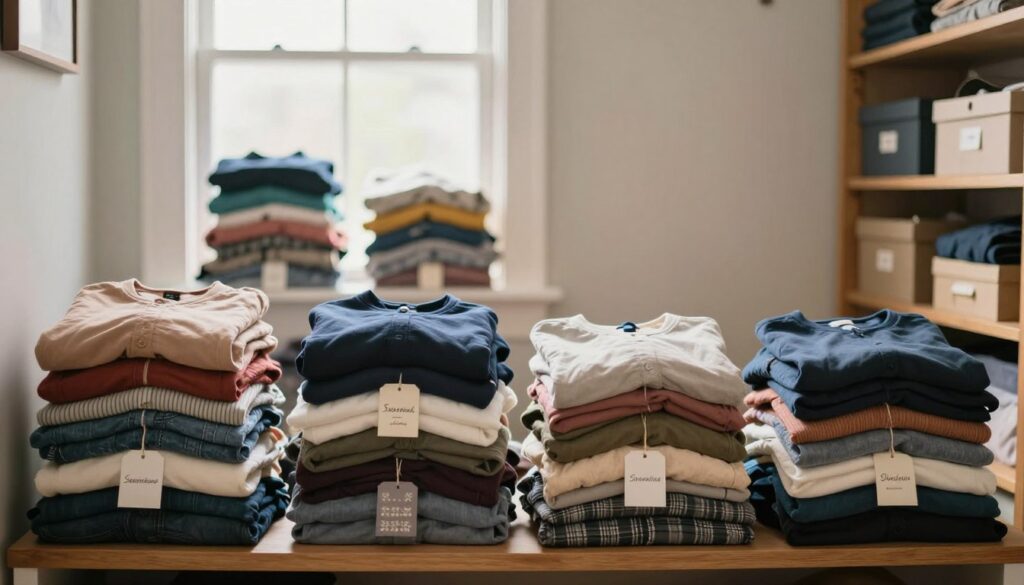 A serene, well-organized closet scene, filled with neatly arranged clothing piles and storage boxes. In the foreground, four distinct stacks of clothing categorized by type: essentials, seasonal, sentimental, and donation, with labels on subtle tags for clarity. The middle ground showcases a soft, natural light filtering through a window, illuminating the textures of fabrics and wooden shelving. In the background, a closed closet door and soft-colored walls create a calm atmosphere, suggesting an inviting space for organization. The overall mood is peaceful and encouraging, highlighting the importance of thoughtful selection without guilt. The image captures a sense of order and mindfulness in personal belongings.