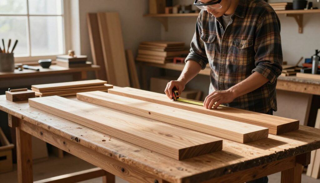 A serene workshop scene showcasing a variety of rustic wood types suitable for furniture making, specifically for a wardrobe. In the foreground, a wooden workbench is adorned with neatly arranged planks of oak, pine, and cedar, showcasing their natural textures and grains. In the middle, a craftsman wearing a plaid shirt and protective eyewear examines the wood, measuring with a tape measure, emphasizing the careful selection process. The background features shelves filled with additional raw materials and woodworking tools, bathed in warm, natural sunlight filtering through a window, casting soft shadows. The atmosphere conveys a sense of dedication and craftsmanship, embodying the essence of rustic style in woodworking.