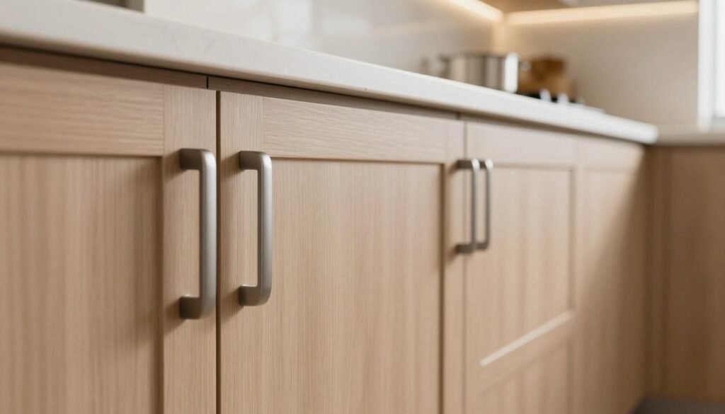 A sophisticated cabinetry design featuring a frontal view of a kitchen or storage unit, showcasing various handle placements on cabinet doors. The foreground highlights a sleek handle positioned at the corner of a cabinet door, contrasting with a centrally placed handle on another door. The middle ground focuses on the cabinetry, displaying smooth wood grain or a matte finish, enhancing the ergonomic implications of handle positioning. In the background, a softly lit kitchen or storage area creates a warm and inviting atmosphere. The lighting is natural, casting gentle shadows to emphasize the handles' alignment and the overall aesthetic, with a depth of field effect suggesting a professional interior style.