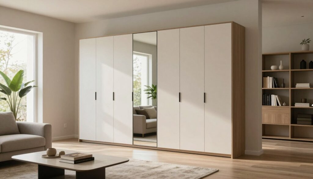 A spacious living room features a stylish wardrobe with a large mirror, reflecting the natural light pouring in through the nearby window. The wardrobe is elegantly designed with a minimalist aesthetic, blending seamlessly with the soft neutral color palette of the room. In the foreground, a plush area rug adds warmth, while a sleek coffee table adorned with a few decorative books sits invitingly beside a modern sofa. The background showcases a tastefully arranged bookshelf and green plants that add a touch of life to the space. Soft, ambient lighting creates a cozy atmosphere, conveying a sense of harmony and comfort. The overall composition captures the essence of a well-organized living room, emphasizing the wardrobe's discreet integration into the design. A spacious living room features a stylish wardrobe with a large mirror, reflecting the natural light pouring in through the nearby window. The wardrobe is elegantly designed with a minimalist aesthetic, blending seamlessly with the soft neutral color palette of the room. In the foreground, a plush area rug adds warmth, while a sleek coffee table adorned with a few decorative books sits invitingly beside a modern sofa. The background showcases a tastefully arranged bookshelf and green plants that add a touch of life to the space. Soft, ambient lighting creates a cozy atmosphere, conveying a sense of harmony and comfort. The overall composition captures the essence of a well-organized living room, emphasizing the wardrobe's discreet integration into the design.
