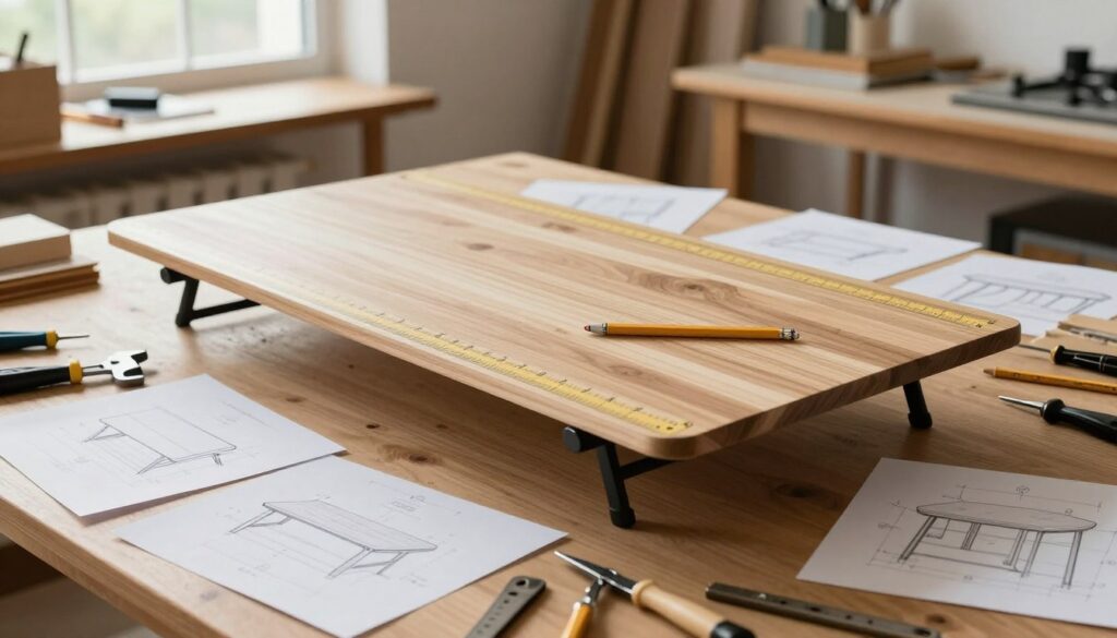 A spacious, modern workshop with a wooden table at its center, displaying an assortment of tools and plans for a folding-legged table. The table surface, prominently in focus, showcases measurements marked with a ruler and pencil, emphasizing dimensions and ergonomic considerations. Well-arranged sketches of various table designs are scattered around, providing a sense of planning and creativity. In the background, soft natural light filters through a large window, illuminating the workspace and enhancing the warm wood tones. The atmosphere is productive and inviting, reflecting the intricate planning process for furniture design. The angle captures both the tabletop and the surrounding tools, fostering a sense of hands-on craftsmanship and attention to detail. A spacious, modern workshop with a wooden table at its center, displaying an assortment of tools and plans for a folding-legged table. The table surface, prominently in focus, showcases measurements marked with a ruler and pencil, emphasizing dimensions and ergonomic considerations. Well-arranged sketches of various table designs are scattered around, providing a sense of planning and creativity. In the background, soft natural light filters through a large window, illuminating the workspace and enhancing the warm wood tones. The atmosphere is productive and inviting, reflecting the intricate planning process for furniture design. The angle captures both the tabletop and the surrounding tools, fostering a sense of hands-on craftsmanship and attention to detail.