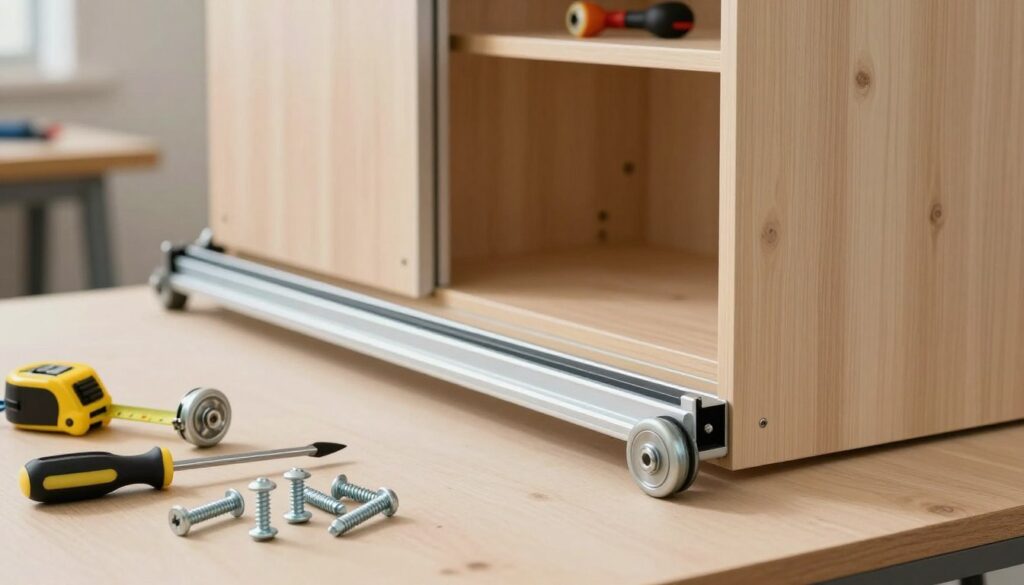 A step-by-step guide illustration showing the installation of roller wheels to a sliding wardrobe. In the foreground, a set of roller wheels, screws, and tools like a screwdriver and a measuring tape are neatly arranged on a workbench. In the middle, a partially assembled sliding wardrobe stands, with clear focus on the track and rollers in action, demonstrating the alignment and adjustment process. The background features a well-lit workshop with wooden shelves and additional tools, conveying a professional ambiance. Soft, natural lighting highlights the details of the installation process, while a slight depth of field accentuates the foreground elements. The mood is practical and instructional, ideal for a DIY enthusiast. A step-by-step guide illustration showing the installation of roller wheels to a sliding wardrobe. In the foreground, a set of roller wheels, screws, and tools like a screwdriver and a measuring tape are neatly arranged on a workbench. In the middle, a partially assembled sliding wardrobe stands, with clear focus on the track and rollers in action, demonstrating the alignment and adjustment process. The background features a well-lit workshop with wooden shelves and additional tools, conveying a professional ambiance. Soft, natural lighting highlights the details of the installation process, while a slight depth of field accentuates the foreground elements. The mood is practical and instructional, ideal for a DIY enthusiast.