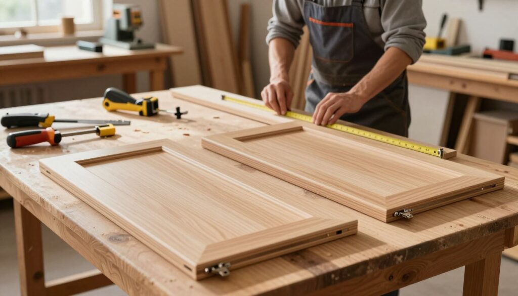 A step-by-step visual guide for making cabinet doors, featuring a well-lit workspace showcasing wooden doors in various stages of assembly. In the foreground, display two completed cabinet doors on a wooden workbench, featuring smooth finishes and precision hinges. In the middle ground, a person in professional attire is efficiently measuring and cutting wood pieces, surrounded by tools like a saw, measuring tape, and clamps to convey craftsmanship. The background should include a softly blurred workshop filled with woodworking equipment and shelves stacked with wood materials. Natural light filters through a window, casting warm shadows, creating an inviting atmosphere that emphasizes creativity and focus on the DIY project. The image should evoke a sense of inspiration and skill in home improvement.