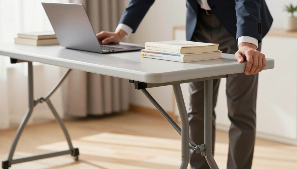 A sturdy folding table in use, showcasing its stability while supporting various items like books and a laptop on its surface. The foreground features the table with a focus on its reinforced legs and locking mechanisms, ensuring it remains firm and balanced. In the middle, a pair of hands is adjusting one side of the table, dressed in professional attire to illustrate careful use and assembly. The background presents a well-lit room, highlighting a clean and organized space with neutral colors. Soft, natural light streams in from a nearby window, casting gentle shadows to enhance depth. The overall mood is practical and focused, emphasizing functionality and the importance of proper setup for stability. A sturdy folding table in use, showcasing its stability while supporting various items like books and a laptop on its surface. The foreground features the table with a focus on its reinforced legs and locking mechanisms, ensuring it remains firm and balanced. In the middle, a pair of hands is adjusting one side of the table, dressed in professional attire to illustrate careful use and assembly. The background presents a well-lit room, highlighting a clean and organized space with neutral colors. Soft, natural light streams in from a nearby window, casting gentle shadows to enhance depth. The overall mood is practical and focused, emphasizing functionality and the importance of proper setup for stability.