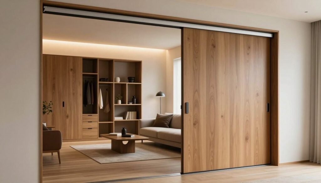 A stylish and modern interior featuring a sliding door system that elegantly separates two spaces. In the foreground, a sleek wooden sliding door with a smooth finish, showcasing metal tracks and hidden mechanisms, allowing seamless movement. The middle layer highlights an organized room with contemporary furniture, including a compact wardrobe and minimalist decor, emphasizing functionality and space-saving design. The background displays softly lit ambient lighting that creates a warm and inviting atmosphere, enhancing the room's aesthetic. Shot from a slightly tilted angle to provide depth, with a focus on the texture of the sliding door and its harmonious integration into the living space. The overall mood is serene and sophisticated, illustrating the practicality and elegance of sliding door solutions. A stylish and modern interior featuring a sliding door system that elegantly separates two spaces. In the foreground, a sleek wooden sliding door with a smooth finish, showcasing metal tracks and hidden mechanisms, allowing seamless movement. The middle layer highlights an organized room with contemporary furniture, including a compact wardrobe and minimalist decor, emphasizing functionality and space-saving design. The background displays softly lit ambient lighting that creates a warm and inviting atmosphere, enhancing the room's aesthetic. Shot from a slightly tilted angle to provide depth, with a focus on the texture of the sliding door and its harmonious integration into the living space. The overall mood is serene and sophisticated, illustrating the practicality and elegance of sliding door solutions.