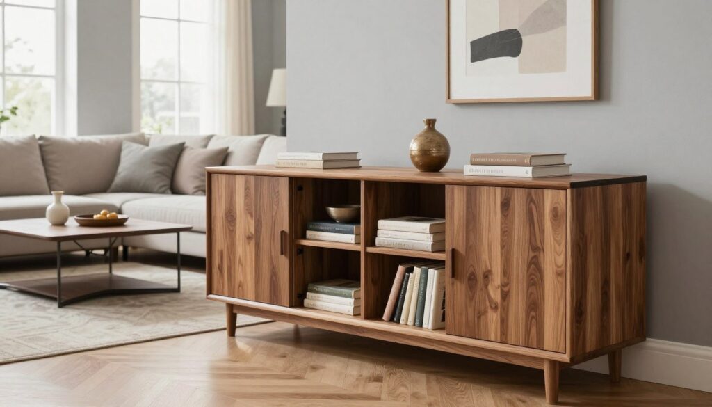 A stylish and modern living room featuring a well-designed storage cabinet without the cluttered look of a warehouse. The foreground showcases a beautiful wooden cabinet with clean lines and an elegant finish, filled with neatly arranged books and decorative items. The middle ground includes a cozy sofa adorned with neutral-colored cushions, positioned close to a stylish coffee table. In the background, large windows allow soft, natural light to filter in, illuminating the room and creating a warm, inviting atmosphere. The walls are painted in a soothing light gray, complemented by abstract artwork. The angle captures the essence of a serene and organized space, perfect for a day of relaxation or entertaining guests.
