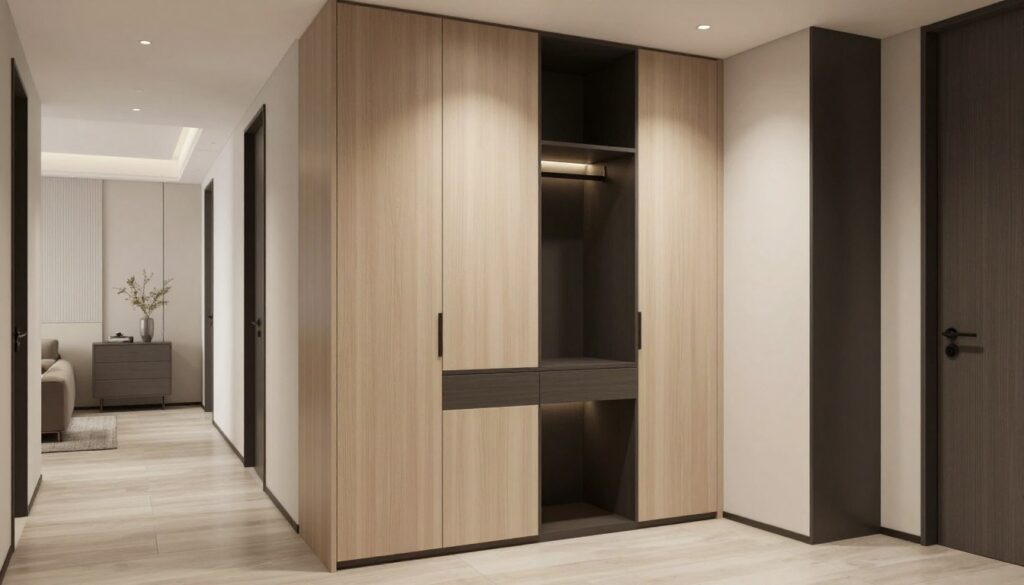 A stylish hallway featuring a contemporary wardrobe in a harmonious blend of light and dark colors. The foreground showcases a sleek, modern wardrobe with smooth finishes, incorporating elements of both light wood and dark accents to highlight balance and versatility. In the middle, soft ambient lighting illuminates the wardrobe, casting gentle shadows that enhance its textures. The background reveals a tastefully decorated hallway, adorned with minimalist décor and a light color palette that contributes to a sense of spaciousness. A wide angle captures the entire scene, creating an inviting atmosphere. The setting is designed to inspire confidence in choosing colors that complement different interior styles, perfect for a well-thought-out home entrance.