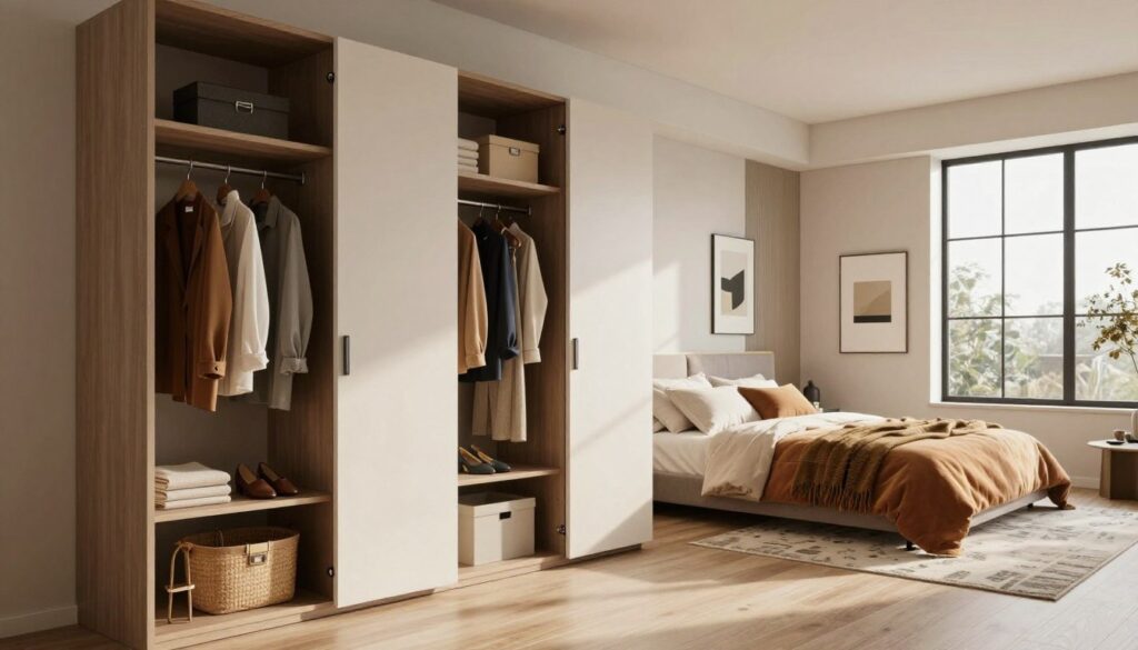 A stylish interior of a modern bedroom featuring an alternative to traditional wardrobe doors. In the foreground, display an elegant, open shelving unit filled with neatly arranged clothes and accessories. The middle ground showcases a cozy, well-decorated space with a minimalistic vibe, including a warm-toned bedspread, tasteful artwork on the walls, and a chic area rug. In the background, soft natural light streams in from a large window, illuminating the room. Use a slight wide-angle perspective to capture the room's spaciousness and inviting atmosphere. The overall mood should be serene and sophisticated, embodying practical yet aesthetically pleasing design solutions suitable for a bedroom interior. The colors should be warm and inviting, with a neutral palette infused with subtle accents.