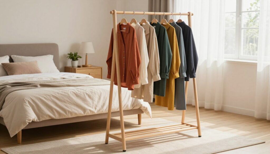 A stylish, minimalist clothing rack in a modern bedroom setting. In the foreground, a sleek, wooden clothes hanger holding a variety of colorful garments, showcasing a mix of casual and semi-formal attire. The middle ground features a comfortable bed with soft, neutral linens and a small, contemporary nightstand adorned with a potted plant and a stylish lamp. The background reveals a softly lit window with sheer curtains, allowing natural light to flood the room, creating a warm and inviting atmosphere. The scene is captured from a slightly elevated angle to emphasize the open layout and simplicity of storage solutions, evoking a sense of spaciousness and functionality, perfect for small living spaces. Use natural lighting to enhance the colors and textures.