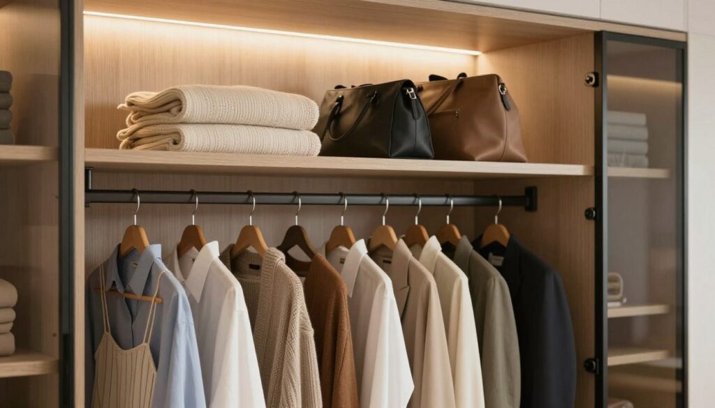 A stylish open wardrobe showcasing various clothing items. In the foreground, hanging clothes on sleek, modern hangers, including shirts, dresses, and jackets, neatly organized. The middle layer features adjustable shelves displaying neatly folded sweaters and bags. The background presents a soft-focus view of the wardrobe's interior space with warm, ambient lighting that creates a cozy atmosphere. The wardrobe itself is designed with a minimalist aesthetic, featuring wood and glass elements, which adds sophistication. The angle is slightly from above, providing a clear view of the depth and organization within the closet. The overall mood should convey harmony and practicality, suitable for small spaces, enhancing the theme of optimal wardrobe depth for clothing storage.