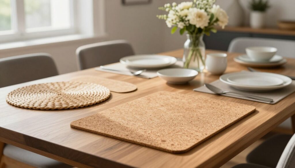 A stylish wooden dining table set in a well-lit, modern dining room. The foreground features a variety of elegant placemats in different shapes—round, square, and rectangular—beautifully arranged alongside tasteful dinnerware. The placemats are made of materials like woven fabric and cork, showcasing intricate textures. In the middle ground, soft natural light filters through a nearby window, casting gentle shadows that highlight the table's grain. The background contains subtle decor elements, such as a vase of fresh flowers and decorative dinnerware. The mood is warm and inviting, emphasizing both protection and aesthetic appeal, suitable for an elegant dining experience. Use a shallow depth of field to focus on the placemats while adding a soft bokeh effect to the background elements.