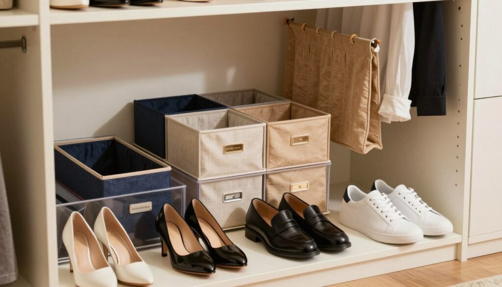 A stylishly organized closet section featuring neatly arranged shoes and accessories. In the foreground, focus on several pairs of elegant shoes, including heels, loafers, and sneakers, each placed in clear, labeled storage boxes. In the middle, include a variety of attractive storage solutions like dividers, fabric boxes, and hanging organizers, showcasing a blend of textures and colors. The background should depict sections of the closet’s interior, highlighted by warm, inviting lighting that emphasizes the neatness and sophistication of the arrangement. Use a medium-angle lens to capture both depth and detail, creating a clean, clutter-free atmosphere. The overall mood should feel bright, tidy, and inspiring, emphasizing order and efficiency in a stylish space. A stylishly organized closet section featuring neatly arranged shoes and accessories. In the foreground, focus on several pairs of elegant shoes, including heels, loafers, and sneakers, each placed in clear, labeled storage boxes. In the middle, include a variety of attractive storage solutions like dividers, fabric boxes, and hanging organizers, showcasing a blend of textures and colors. The background should depict sections of the closet’s interior, highlighted by warm, inviting lighting that emphasizes the neatness and sophistication of the arrangement. Use a medium-angle lens to capture both depth and detail, creating a clean, clutter-free atmosphere. The overall mood should feel bright, tidy, and inspiring, emphasizing order and efficiency in a stylish space.