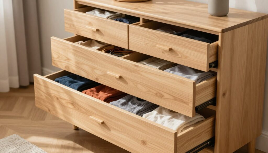 A vertical arrangement of a stylish dresser with multiple neatly organized drawers. The dresser is made of light wood, featuring a smooth finish and modern handles. Each drawer is slightly opened, revealing neatly folded clothes in various colors that create a visually appealing contrast. The setting has soft, natural lighting that highlights the textures of the fabric, casting gentle shadows that enhance depth. In the background, a cozy, minimalist bedroom is suggested with neutral tones and simple decor, giving a serene atmosphere. The composition captures an organized, clutter-free space, emphasizing practicality in clothing storage. The overall mood is calm and inviting, perfect for illustrating smart organization.