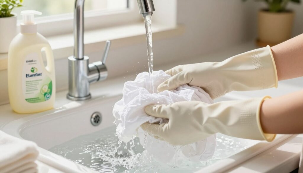 A vibrant kitchen scene focused on the process of rinsing fabrics, showcasing a pair of hands gently holding a freshly washed white garment, surrounded by clear water cascading from a faucet. In the foreground, the hands are wearing modest rubber gloves, emphasizing cleanliness. The middle ground features a basin filled with water and bubbles, with neatly arranged fabric softeners and eco-friendly cleaning products on the counter. In the background, soft natural light filters through a window, casting a warm glow, enhancing the freshness of the scene. The overall atmosphere is bright, clean, and inviting, reflecting the meticulous process of rinsing and drying to maintain the whiteness of clothing.
