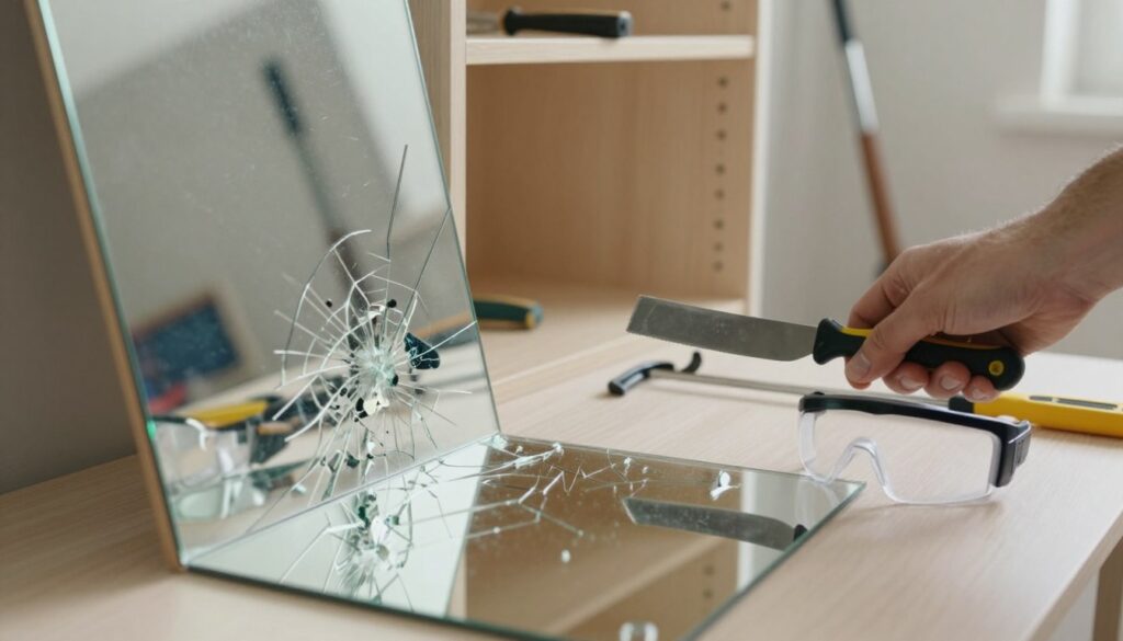 A visually striking scene illustrating common mistakes made while detaching a mirror from a wardrobe. In the foreground, display a close-up of a cracked mirror with uneven adhesive residue around its edges, conveying a sense of caution. In the middle ground, include a hand holding a putty knife awkwardly, symbolizing improper technique, alongside a pair of safety goggles placed haphazardly on a table. The background features a partially disassembled wardrobe, with tools like a pry bar and a utility knife scattered around, hinting at careless handling. Use soft, natural lighting to create a serene yet educational atmosphere, capturing the essence of a DIY mishap. The composition should emphasize the importance of careful methods, avoiding any clutter or distractions in the frame.