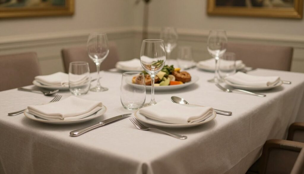 A well-arranged table setting for left-handed individuals, showcasing a complete set of cutlery including knives, forks, and spoons strategically placed on the left side of the plates. The scene is elegantly set with a linen tablecloth, glassware, and napkins folded neatly. In the foreground, focus on the left-handed cutlery layout, ensuring the knife is positioned to the left of the plate, while the fork is nearby and the spoon further out. The middle ground features an inviting dinner setting with soft ambient lighting creating a warm atmosphere. The background shows an elegantly decorated dining room with subtle art on the walls. Capture the essence of sophistication and proper etiquette, highlighting this unique arrangement tailored for left-handed diners.