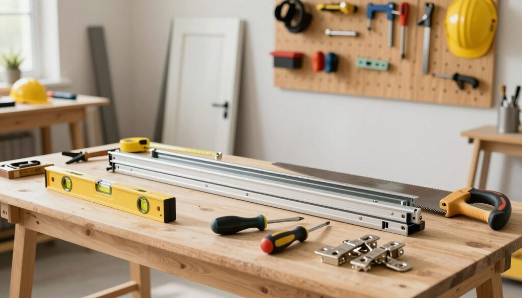 A well-arranged workshop scene showcasing a variety of assembly tools for folding doors. In the foreground, feature a sturdy workbench cluttered with essential tools, including a measuring tape, level, saw, screwdriver, and a set of hinges. The middle section should include partially assembled folding doors, demonstrating the track mechanisms and accessories required for installation. The background should display a neatly organized pegboard with additional tools and safety gear. Utilize bright, natural lighting to enhance the details, highlighting the metallic and wooden textures. The atmosphere should feel industrious and inviting, emphasizing craftsmanship and precision in home improvement.