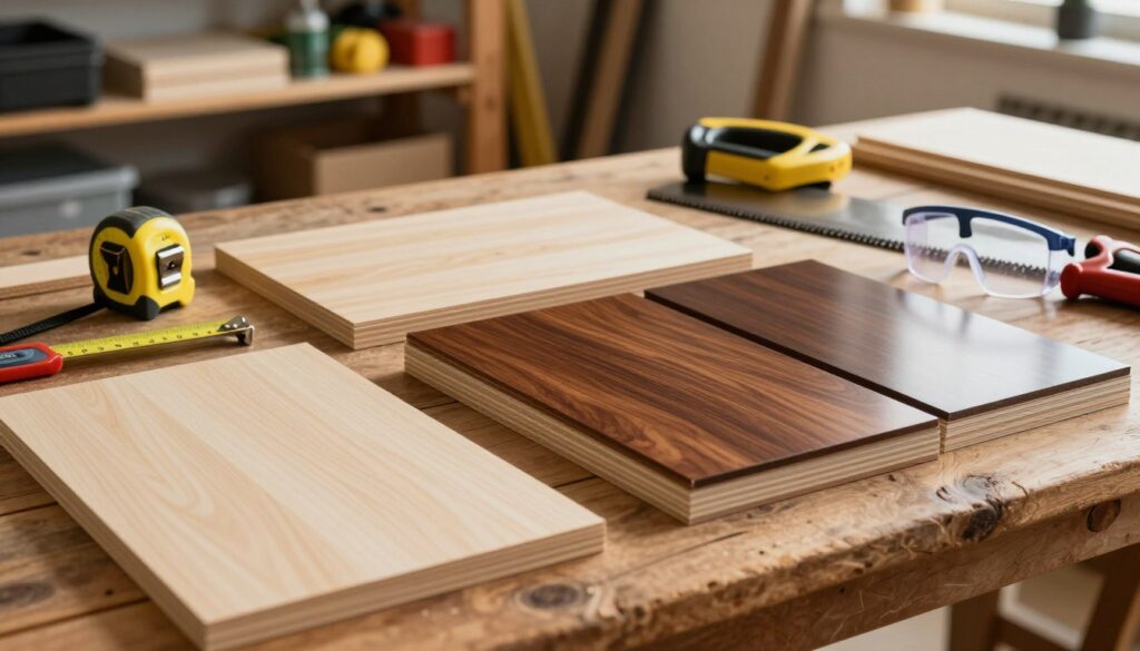 A well-arranged workspace showcasing materials and tools for building a drawer. In the foreground, vibrant stacks of plywood, MDF, and veneer sheets are neatly laid out, reflecting a range of textures and colors, from light birch to rich mahogany. The middle ground features essential tools like a measuring tape, saw, and clamps, positioned on a rustic wooden table, with a pair of safety goggles resting nearby. In the background, a softly blurred workshop setting with shelves stacked with additional supplies and tools, illuminated by warm, soft lighting that enhances the inviting atmosphere. The composition invites inspiration, evoking a sense of creativity and craftsmanship, perfect for a beginner's guide to woodworking.