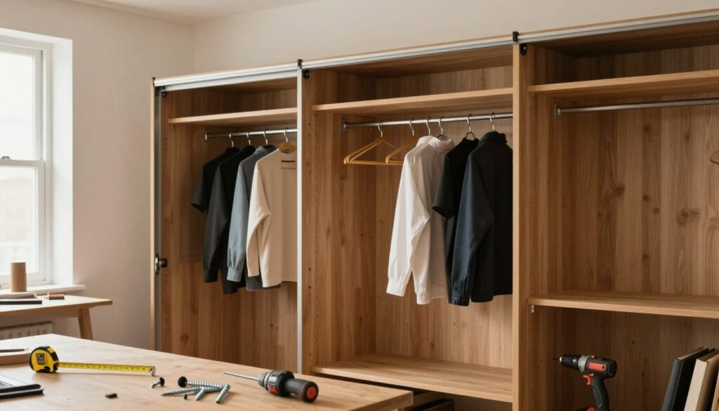 A well-constructed sliding wardrobe in a modern, well-lit workshop setting. In the foreground, focus on the open sliding doors revealing neatly organized shelves and clothes hangers. The middle section showcases the sturdy framework of the wardrobe, emphasizing the materials like wood and metal hardware used for construction. On a workbench nearby, tools such as a measuring tape, screws, and a power drill are arranged neatly, conveying an active DIY environment. In the background, soft natural light filters through a window, illuminating the warm wood tones of the wardrobe. Capture a sense of accomplishment and creativity in the atmosphere, avoiding any clutter, while highlighting the structural integrity and design elements of the sliding wardrobe.