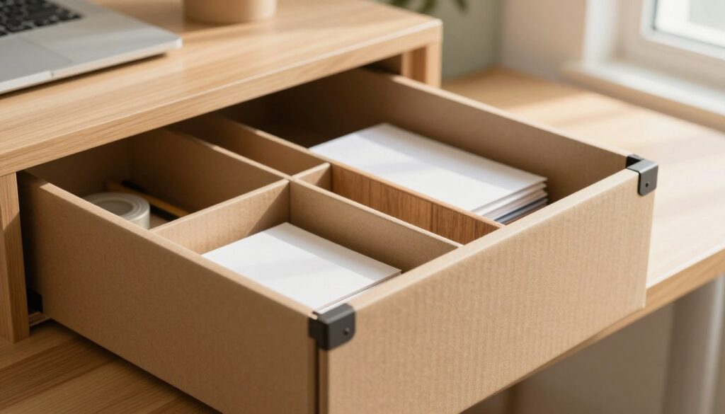 A well-crafted image depicting a sturdy cardboard drawer organizer, highlighting durable reinforcements and an aesthetically pleasing finish. In the foreground, focus on the organizer filled with neatly arranged office supplies, showcasing its divided sections and robust corners. The middle ground should feature close-up details of the reinforcements, such as decorative tape and additional materials like wood or fabric trims that enhance stability. The background can be softly blurred, hinting at a tidy workspace with a wooden desk and soft natural lighting spilling in from a nearby window, casting gentle shadows. The overall mood is organized, inviting, and professional, illustrating practicality and style in home organization.