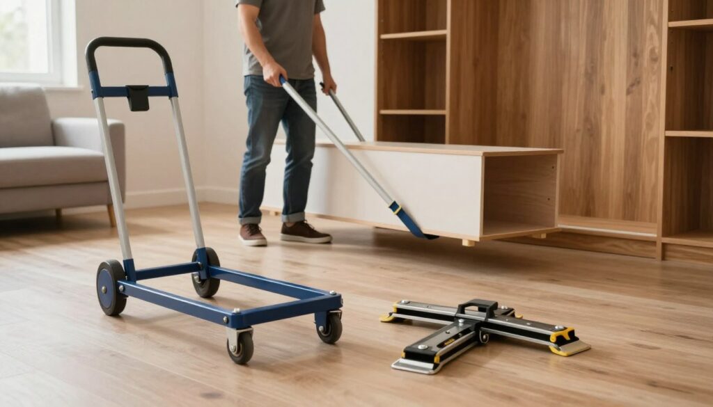 A well-lit indoor space featuring various tools and accessories designed for moving heavy furniture. In the foreground, show an easy-to-use furniture dolly and a set of furniture sliders, clearly displaying their sturdy construction. In the middle, include a professional individual in modest casual clothing, demonstrating how to use a lever and a strap to lift furniture safely. The background should include a stylish room with a large wooden wardrobe partially moved, highlighting the tools' effectiveness. Soft, natural lighting should create a friendly and efficient atmosphere, emphasizing the practicality of the tools. The angle should give a clear view of both the tools and the moving process, making the scene informative and visually engaging.