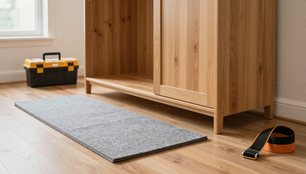 A well-lit living room scene focused on the preparation for moving a heavy wardrobe. In the foreground, there are soft felt pads being placed under the wardrobe's feet to protect the floor. The middle ground shows a sturdy wooden wardrobe, partially removed from its original position, with a toolbox and moving straps nearby, emphasizing safety. In the background, the space is tidy, with a warm color palette and natural light streaming through a window. The overall atmosphere is organized and focused, conveying the importance of careful planning before heavy lifting. Ensure the image captures attention to detail with a professional and practical tone, reflecting a domestic setting without clutter.