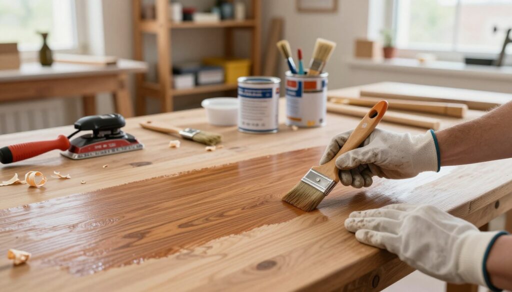 A well-lit workshop scene featuring a close-up view of a wooden table undergoing renovation. In the foreground, a pair of hands, wearing protective gloves, carefully applies fresh paint to the veneer surface with a brush, showcasing a mix of rich colors that highlight wood grain. The middle ground includes tools like a sander, paint cans, and brushes arranged neatly on a workbench, with shavings scattered about. The background reveals shelves filled with woodworking supplies and an inviting window letting in natural sunlight, creating a warm, inviting atmosphere. The overall mood is focused and industrious, capturing the essence of home improvement and craftsmanship.