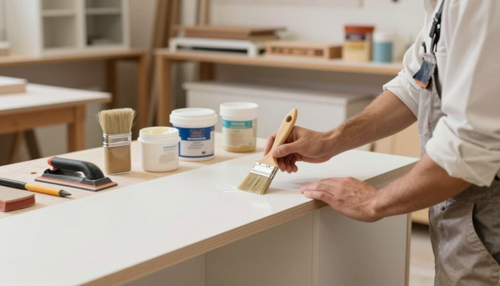 A well-lit workshop scene featuring a professional and neatly organized workspace for finishing MDF surfaces. In the foreground, a skilled craftsman in clean, modest work attire is carefully applying a smooth finish to a freshly painted MDF cabinet with a paintbrush, demonstrating meticulous technique. The middle ground showcases various tools like sanders, brushes, and containers of primer, putty, and paint, arranged systematically. The background includes shelves lined with completed MDF furniture under warm, inviting lighting, emphasizing a sense of accomplishment and creativity. The atmosphere is focused and productive, with soft shadows enhancing the depth of the scene. A well-lit workshop scene featuring a professional and neatly organized workspace for finishing MDF surfaces. In the foreground, a skilled craftsman in clean, modest work attire is carefully applying a smooth finish to a freshly painted MDF cabinet with a paintbrush, demonstrating meticulous technique. The middle ground showcases various tools like sanders, brushes, and containers of primer, putty, and paint, arranged systematically. The background includes shelves lined with completed MDF furniture under warm, inviting lighting, emphasizing a sense of accomplishment and creativity. The atmosphere is focused and productive, with soft shadows enhancing the depth of the scene.