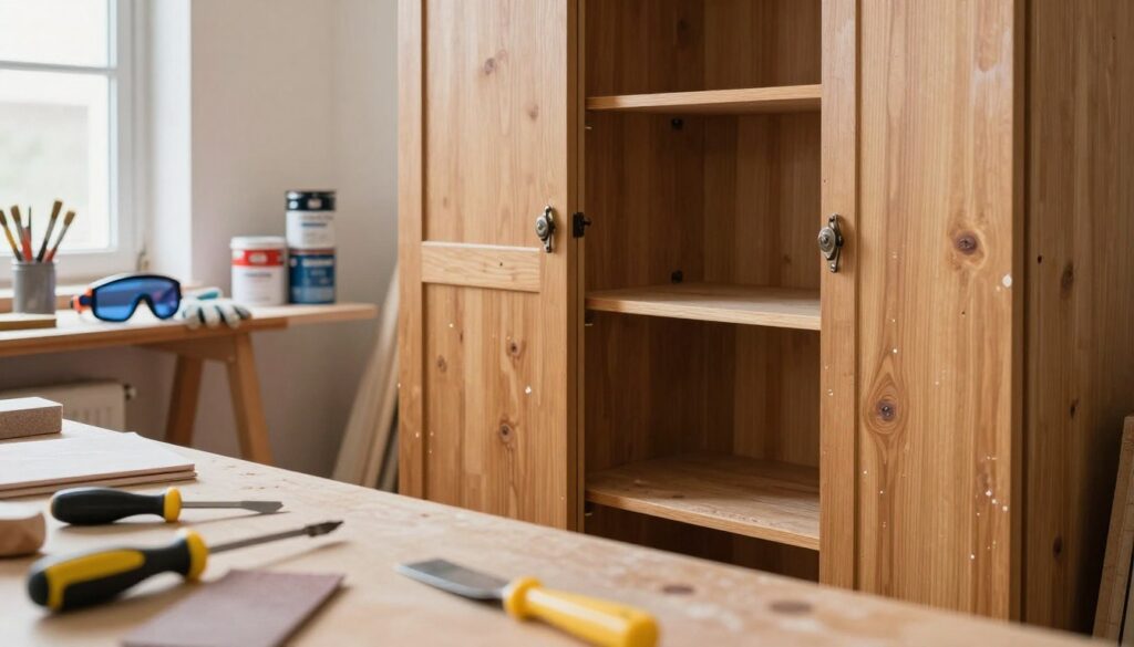 A well-lit workshop scene featuring a wooden wardrobe partially disassembled, showcasing the process of furniture restoration. In the foreground, a close-up view of tools like a screwdriver, sandpaper, and a putty knife scattered on a workbench. The middle ground highlights the wardrobe with its doors open, revealing interior shelves and visible wear on the wood surface, such as scratches and discoloration. In the background, shelves stocked with paint cans and brushes, along with safety equipment like gloves and goggles, emphasize a focus on safe working conditions. The atmosphere is bright and inviting, with natural light streaming through a nearby window, enhancing the textures of the wood and the workspace.