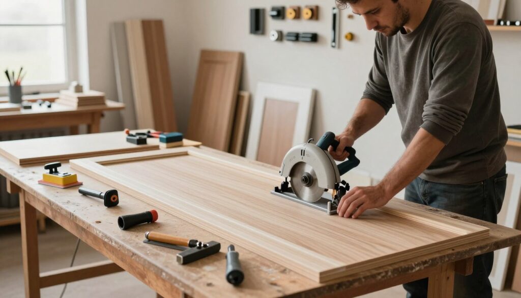 A well-lit workshop scene focused on the preparation of folding door panels. In the foreground, a professional craftsman wearing modest casual clothing stands at a workbench, expertly using a circular saw to cut a wooden panel. The middle ground showcases various sized panels in different stages of preparation, with tools like sanders and clamps neatly arranged. In the background, a wall is lined with wood finishes and hardware, emphasizing the theme of cabinetry. The atmosphere is industrious yet organized, illuminated by soft natural light coming from a nearby window, creating depth in the scene. The angle captures both the action and the surrounding workspace, underscoring the meticulous process of cutting, sanding, and arranging fittings for the doors.