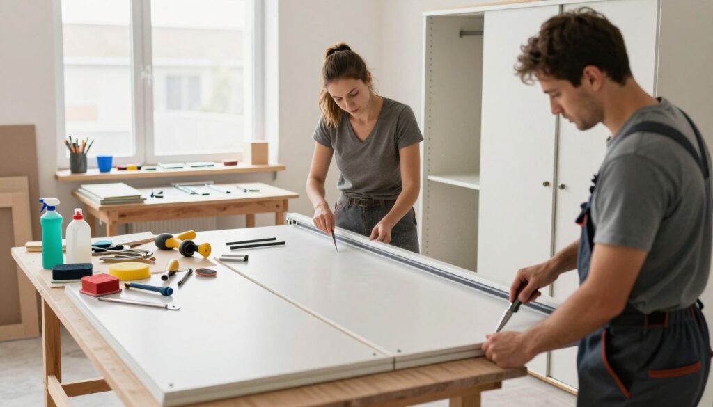 A well-lit workshop scene focused on the preparation of sliding wardrobe doors for renovation. In the foreground, two professional individuals, a man and a woman, dressed in modest business attire, are carefully disassembling a sliding door with tools in hand. The middle layer features a workbench cluttered with cleaning materials, sanding tools, and hardware, while partially dismantled wardrobe doors rest nearby. The background is a bright workshop with large windows allowing natural light to flood in, highlighting dust motes in the air. The atmosphere is industrious and focused, emphasizing attention to detail and craftsmanship. Capture this scene from a slightly elevated angle, creating a sense of depth and context in the renovation process.