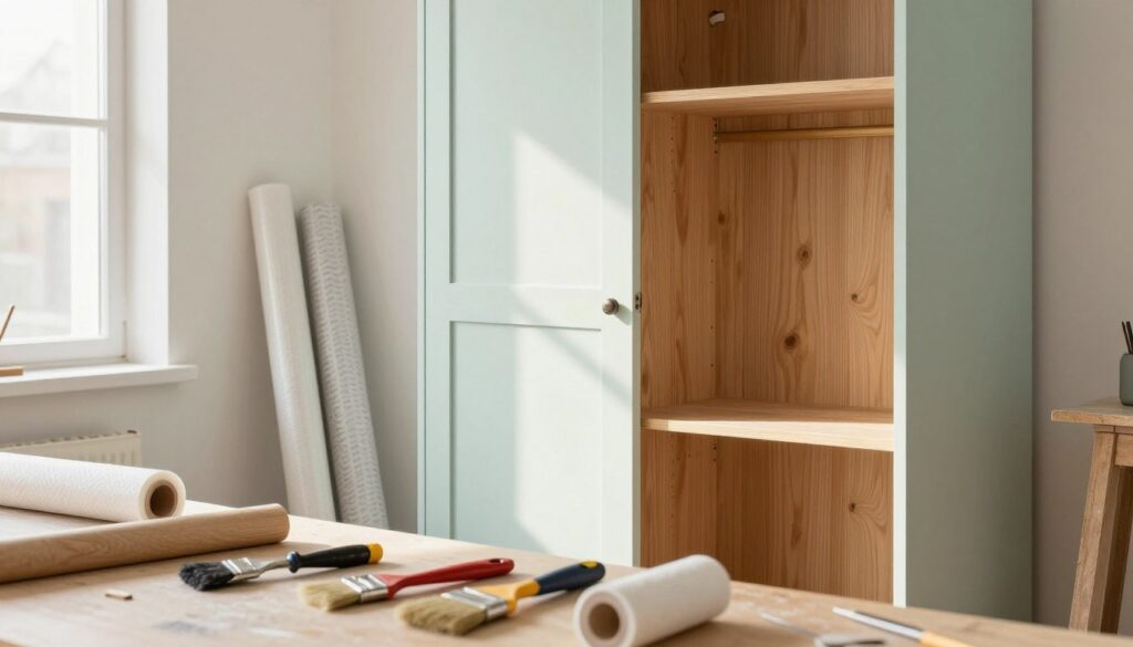 A well-lit workshop setting with a partially renovated chipboard wardrobe as the focal point. In the foreground, tools like paintbrushes, adhesive rollers, and edge banding materials are neatly arranged on a workbench. The wardrobe is partially painted in a soft pastel color, showing a contrast between the old and new finishes. In the middle background, a roll of decorative vinyl film rolls gently hangs, showcasing different textures and patterns. Natural light streams in from a nearby window, casting a warm glow on the wood grain of the wardrobe. The atmosphere is inviting and creative, emphasizing a DIY spirit. Ensure the overall composition feels harmonious and professional, focusing on the transformation process of furniture renewal without any distractions.
