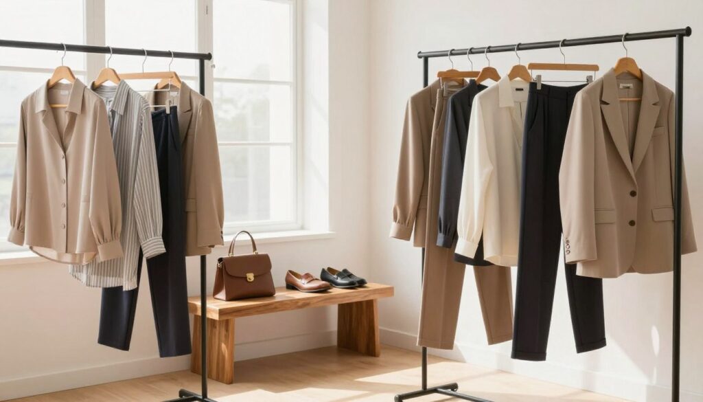 A well-organized, aesthetically pleasing capsule wardrobe displayed in a bright, airy room. In the foreground, a neatly arranged rack showcases a variety of stylish, professional clothing items such as blouses, trousers, and blazers, all in complementary colors and textures. In the middle, a stylish wooden bench holds a few carefully chosen accessories like bags and shoes. The background features soft natural light streaming through a large window, illuminating the space and casting gentle shadows. The overall atmosphere should convey a sense of harmony, simplicity, and sophistication, embodying the principles of a capsule wardrobe. The scene should feel inviting and inspire efficiency in choosing an outfit, devoid of any text, watermarks, or distractions.