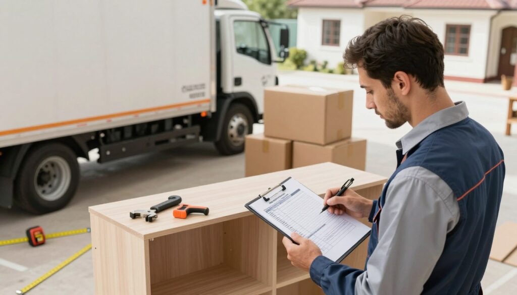 A well-organized assembly area showcasing the hidden costs of furniture assembly, with an emphasis on transportation and service fees. In the foreground, a professional technician in business attire examines a detailed quote on a clipboard, surrounded by various assembly tools and a partially constructed wardrobe. The middle layer features a delivery truck parked nearby, with visible branding, suggesting the transport service, while packing boxes are stacked neatly. In the background, a residential setting with a home and a measuring tape laid out on the ground emphasizes the overall cost consideration. Natural lighting filters in, creating a warm atmosphere, with a focus on clarity and professionalism. The composition is shot from a slightly elevated angle to provide depth and context.