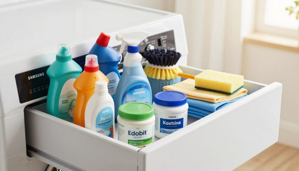 A well-organized cleaning station showcasing a variety of safe and effective cleaning products specifically for a Samsung washing machine drawer. In the foreground, place several colorful bottles and containers of cleaning solutions, including liquid detergents, a spray bottle, and a jar of baking soda. The middle ground should feature a neatly arranged set of tools, such as a scrub brush, microfiber cloths, and a sponge. In the background, soft, natural lighting filters through a window, creating a warm and inviting atmosphere. Ensure the surfaces are clean and polished, conveying a sense of order and professionalism. The image should focus on the cleaning products and tools without any distracting elements, evoking a mood of efficiency and readiness for the task ahead.