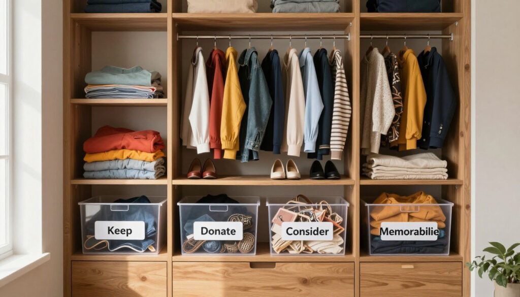 A well-organized closet interior, showcasing a variety of neatly arranged items categorized into four distinct sections: "Keep," "Donate," "Consider," and "Memorabilia." In the foreground, an elegant wooden cabinet with clear boxes holding labels for each category. In the middle, colorful clothing, shoes, and accessories are visually separated, emphasizing a clutter-free environment. The background features soft, diffused light coming from a window, casting gentle shadows to evoke a calm and inviting atmosphere. The scene conveys a sense of efficiency and clarity, inviting the viewer to imagine the satisfaction of a well-organized space. The overall mood is serene, organized, and inspiring, encouraging viewers to engage in thoughtful selection for their own closets.