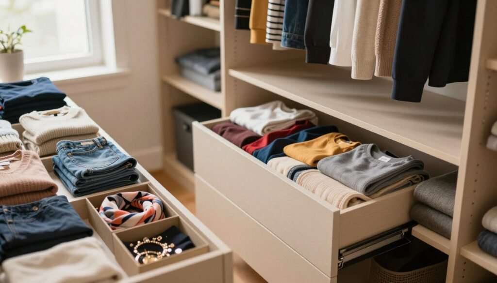 A well-organized closet scene showcasing neatly arranged clothes on shelves and in drawers. In the foreground, focus on a variety of clothing items such as neatly folded sweaters, stacked jeans, and accessories like scarves in organized boxes. In the middle ground, a stylish and tidy dresser shows open drawers filled with color-coordinated garments. The background reveals a softly lit closet space with a warm ambiance, using natural light filtering through a window. Create a cozy, inviting atmosphere that encourages efficient organization. The overall composition should inspire a sense of clarity and functionality in wardrobe management. Capture this scene from a slightly elevated angle to emphasize the neatness and accessibility of the clothing arrangements.