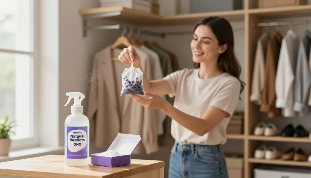 A well-organized closet with a focus on removing musty odors, featuring neatly arranged clothes and shoe racks. In the foreground, a bottle of natural odor neutralizer and an open box of baking soda sit on a small wooden shelf. The middle section shows a woman in modest casual clothing, inspecting her wardrobe with a pleasant expression as she holds a fresh lavender sachet. The background features soft, warm lighting that enhances the inviting atmosphere, with a window allowing natural light to stream in, illuminating dust motes. The overall mood is fresh and uplifting, emphasizing cleanliness and revitalization in the space. A well-organized closet with a focus on removing musty odors, featuring neatly arranged clothes and shoe racks. In the foreground, a bottle of natural odor neutralizer and an open box of baking soda sit on a small wooden shelf. The middle section shows a woman in modest casual clothing, inspecting her wardrobe with a pleasant expression as she holds a fresh lavender sachet. The background features soft, warm lighting that enhances the inviting atmosphere, with a window allowing natural light to stream in, illuminating dust motes. The overall mood is fresh and uplifting, emphasizing cleanliness and revitalization in the space.