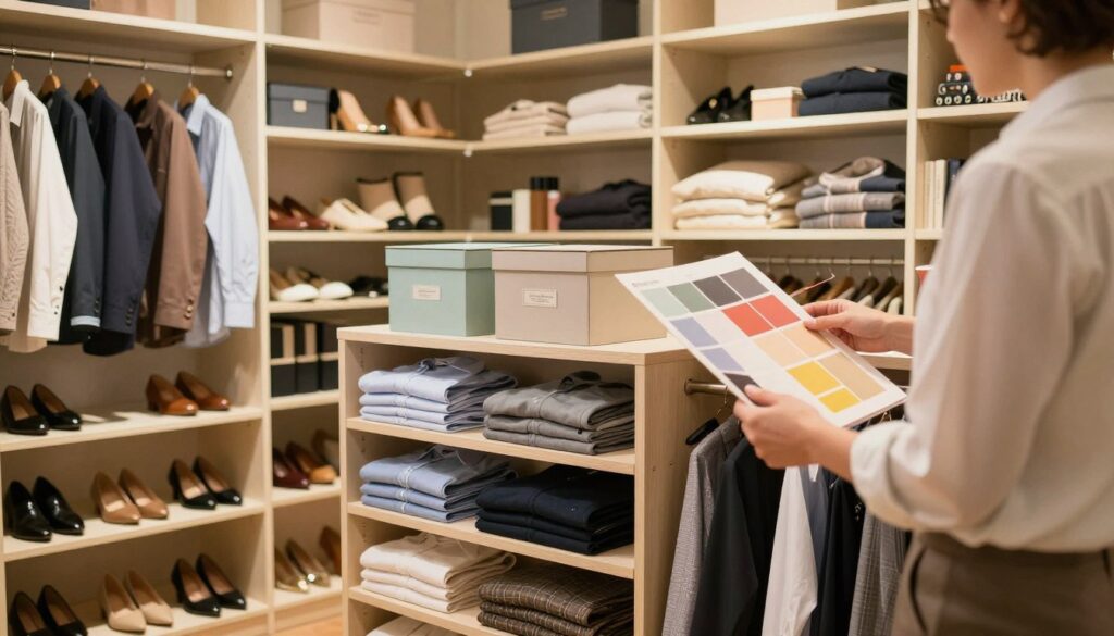 A well-organized closet with an inviting atmosphere, showcasing a variety of neatly arranged clothes, shoes, and storage bins. In the foreground, a person in professional attire examines a color-coded section of clothes, thoughtfully planning the layout. The middle ground features beautifully arranged shelves with neatly folded shirts and pants, alongside stylish storage boxes labeled for easy access. In the background, shelves stretch up high, filled with seasonal items and accessories, illuminated by soft, warm lighting that creates a cozy ambiance. The angle captures the depth of the closet, emphasizing both functionality and aesthetic appeal, inspiring a sense of order and tranquility for an organized lifestyle.