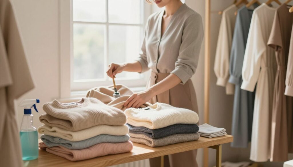 A well-organized closet, with clothes meticulously sorted and folded, takes center stage in a bright, airy room. In the foreground, neatly stacked sweaters in pastel shades are arranged on a wooden shelf, alongside neatly hung dresses on elegant hangers. The middle ground features a person in professional attire, focused intently on sorting items while holding a small cleaning tool. The background reveals a sunlit window casting soft, warm light across the scene, creating a calm and inviting atmosphere. The walls are a soft cream color, enhancing the feeling of cleanliness. Various cleaning supplies, like a spray bottle and cloth, are placed thoughtfully nearby, emphasizing the task of cleaning and organizing. The image should evoke a sense of satisfaction, order, and simplicity, showcasing an effective decluttering process. A well-organized closet, with clothes meticulously sorted and folded, takes center stage in a bright, airy room. In the foreground, neatly stacked sweaters in pastel shades are arranged on a wooden shelf, alongside neatly hung dresses on elegant hangers. The middle ground features a person in professional attire, focused intently on sorting items while holding a small cleaning tool. The background reveals a sunlit window casting soft, warm light across the scene, creating a calm and inviting atmosphere. The walls are a soft cream color, enhancing the feeling of cleanliness. Various cleaning supplies, like a spray bottle and cloth, are placed thoughtfully nearby, emphasizing the task of cleaning and organizing. The image should evoke a sense of satisfaction, order, and simplicity, showcasing an effective decluttering process.