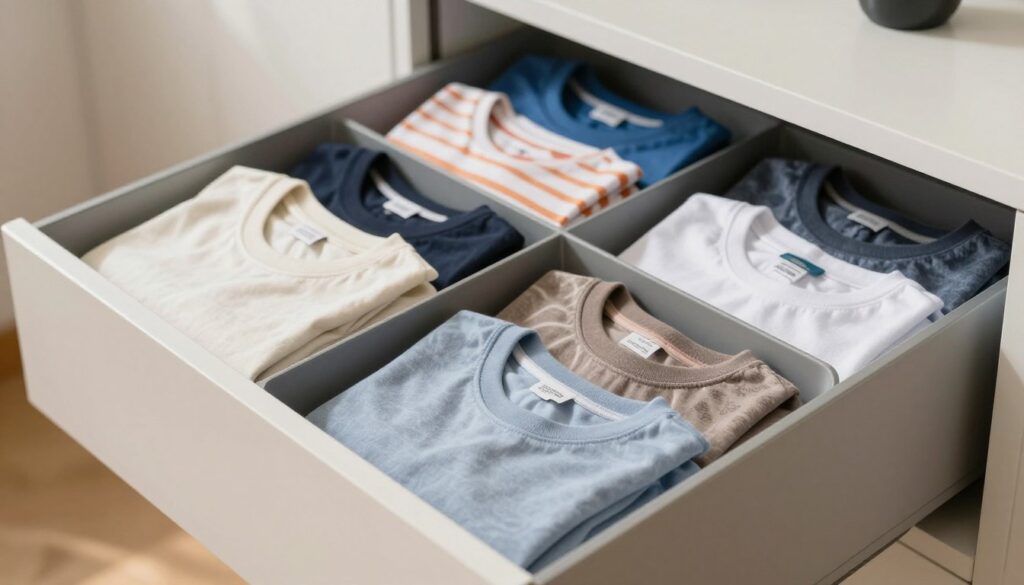 A well-organized drawer filled with neatly folded t-shirts arranged in an innovative shirt organizer. The organizer is made of durable, lightweight material with compartments, showcasing a variety of colors and patterns in the shirts, including solids, stripes, and graphic designs. The foreground highlights the texture of the fabric and the neat alignment of the shirts. In the middle, the organizer stands prominently, demonstrating functionality and order. The background is softly blurred, hinting at a minimalist closet interior with natural light streaming in, creating a warm and inviting atmosphere. The overall mood is calm and orderly, suggesting an efficient and aesthetically pleasing storage solution.