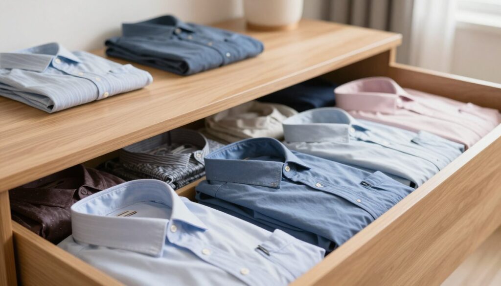 A well-organized dresser drawer filled with neatly folded shirts, showcasing an efficient folding technique to prevent wrinkles. The foreground features a close-up of vibrant, freshly folded shirts, displaying different colors and patterns, stacked inside a sectioned organizer. In the middle, a tidy workspace with a smooth surface, perhaps a wooden table, allows for easy folding and arrangement. The background reveals a softly lit room, with natural light streaming in, highlighting the drawer’s wooden texture. A gentle ambiance evokes a sense of calmness and order. The focus is on the clothes and the organization methods, creating an inviting atmosphere that encourages viewers to adopt this folding method.