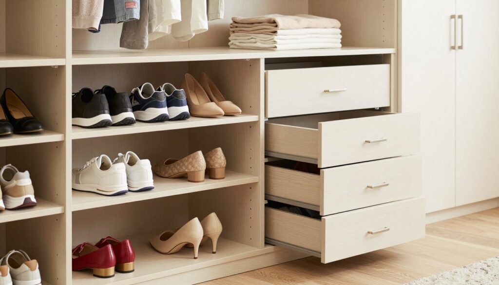 A well-organized shoe storage system inside a modern wardrobe, featuring stylish shelves, practical drawers, and innovative rotating compartments. In the foreground, focus on neatly arranged pairs of shoes of various styles, from sneakers to high heels, showcasing their colors and textures. The middle section displays a blend of open shelving and closed drawers, emphasizing functionality and easy access. The background should feature a minimalist wardrobe design with subtle lighting that highlights the organization and cleanliness of the space. Use a slightly angled view to give depth to the scene, creating an inviting atmosphere that promotes tidiness and efficient use of space. The overall mood should be fresh and contemporary, suitable for a lifestyle-focused article.