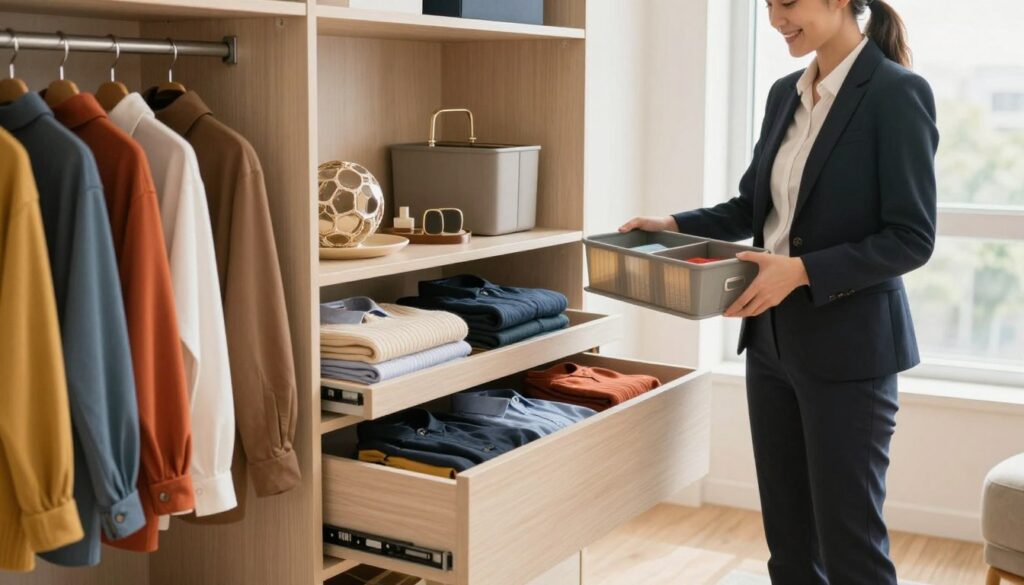 A well-organized wardrobe scene featuring a modern, stylish closet. In the foreground, neatly hung clothes in vibrant colors, with accessories displayed in an orderly fashion. The middle layer shows open drawer compartments, sorted by type: sweaters, pants, and folded shirts stacked neatly. A person dressed in professional business attire stands in the closet, smiling and holding a clothing organizer, exuding a sense of accomplishment. The background features light-colored walls and a large window allowing natural light to flood the room, enhancing the warm, inviting atmosphere. The overall mood conveys a sense of calm and satisfaction, inspiring viewers to maintain order in their own spaces.