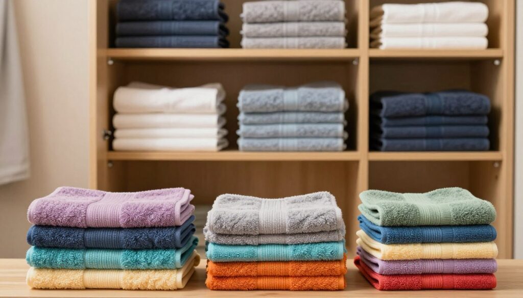 A well-organized wardrobe showcasing a beautifully arranged collection of neatly folded towels. In the foreground, focus on a stack of colorful towels, expertly folded to occupy minimal space, demonstrating different folding techniques. The middle layer features a light wooden wardrobe with open doors, revealing various shelves filled with the neatly arranged towels. In the background, soft, warm lighting enhances the inviting atmosphere, creating a sense of tidiness and tranquility. The scene captures a clean, organized space, promoting the importance of efficient towel folding for maximizing storage. The overall mood is calm and orderly, encouraging viewers to appreciate the aesthetic of decluttered storage solutions.