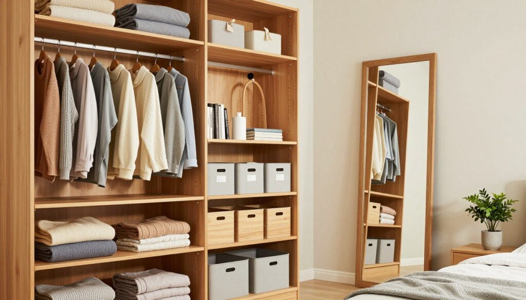 A well-organized wardrobe system in a serene, modern bedroom setting. In the foreground, a wooden wardrobe with neatly arranged shelves, containing color-coordinated clothes, folded sweaters, and hanging garments. On the middle shelf, accessible storage bins labeled for easy identification. To the side, an elegant full-length mirror reflects the organized space. The background features soft ambient lighting that creates a calm and inviting atmosphere, with light pastel wall colors and minimalistic decor. A small potted plant adds a touch of freshness. The image should convey a sense of cleanliness and order, inspiring viewers to maintain their own organizational systems. The angle captures the spaciousness and accessibility of the wardrobe, emphasizing a practical, yet stylish storage solution. A well-organized wardrobe system in a serene, modern bedroom setting. In the foreground, a wooden wardrobe with neatly arranged shelves, containing color-coordinated clothes, folded sweaters, and hanging garments. On the middle shelf, accessible storage bins labeled for easy identification. To the side, an elegant full-length mirror reflects the organized space. The background features soft ambient lighting that creates a calm and inviting atmosphere, with light pastel wall colors and minimalistic decor. A small potted plant adds a touch of freshness. The image should convey a sense of cleanliness and order, inspiring viewers to maintain their own organizational systems. The angle captures the spaciousness and accessibility of the wardrobe, emphasizing a practical, yet stylish storage solution.