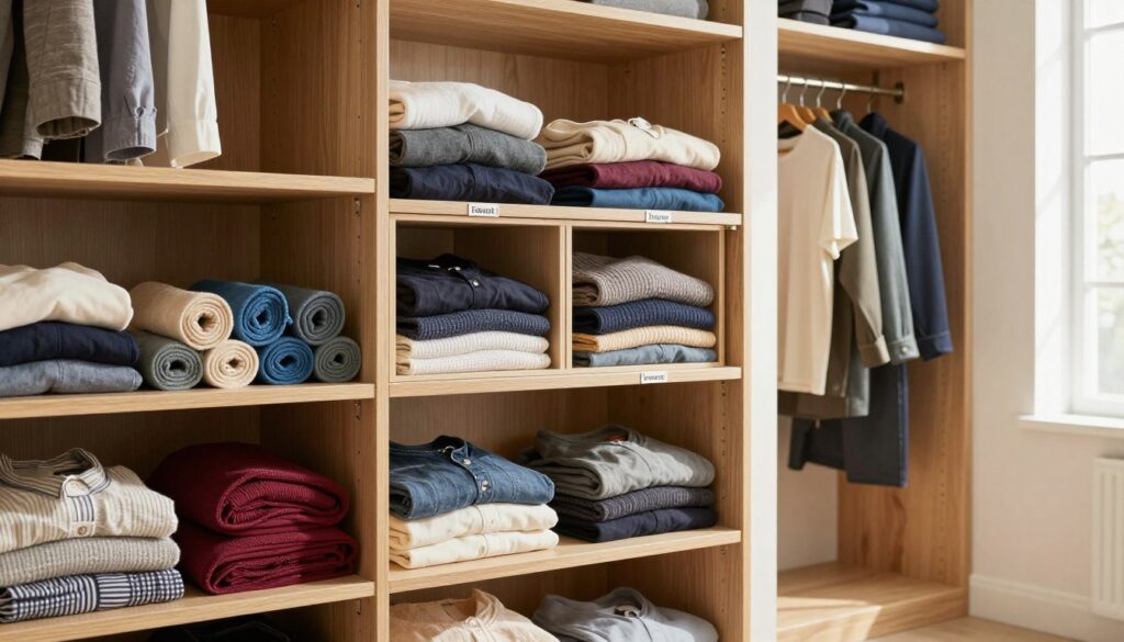 A well-organized wardrobe with neatly folded clothes and innovative storage solutions, demonstrating efficient space management. In the foreground, colorful rolled garments, arranged vertically on wooden shelves, showcase the technique of rolling for optimal use of space. In the middle, a section of the closet features several compartments with labeled zones for different types of clothing: casual, work, and seasonal wear. The background includes a softly illuminated mirror reflecting the tidy arrangement. The overall atmosphere is calm and organized, with natural light filtering through a nearby window, casting gentle shadows. The scene conveys a sense of tranquility and practicality, inviting viewers to embrace smarter organization methods. A well-organized wardrobe with neatly folded clothes and innovative storage solutions, demonstrating efficient space management. In the foreground, colorful rolled garments, arranged vertically on wooden shelves, showcase the technique of rolling for optimal use of space. In the middle, a section of the closet features several compartments with labeled zones for different types of clothing: casual, work, and seasonal wear. The background includes a softly illuminated mirror reflecting the tidy arrangement. The overall atmosphere is calm and organized, with natural light filtering through a nearby window, casting gentle shadows. The scene conveys a sense of tranquility and practicality, inviting viewers to embrace smarter organization methods.