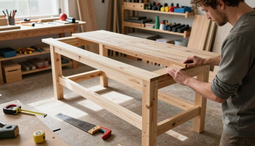 A well-organized woodworking workshop featuring a step-by-step assembly process of a sturdy workbench. In the foreground, a craftsman in modest casual clothing, focused on constructing the bench, with various tools like a measuring tape, saw, and clamps placed around him. The middle ground shows the partially assembled workbench with a robust wooden frame, legs, and support beams, clearly illustrating the structure, and a durable, impact-resistant tabletop. The background showcases shelves filled with neatly arranged woodworking supplies and equipment, enhancing the workshop atmosphere. The lighting is bright and natural, filtering through a window, casting soft shadows to create a warm and inviting mood. The camera angle is slightly angled downward, capturing the intricacies of the assembly process.