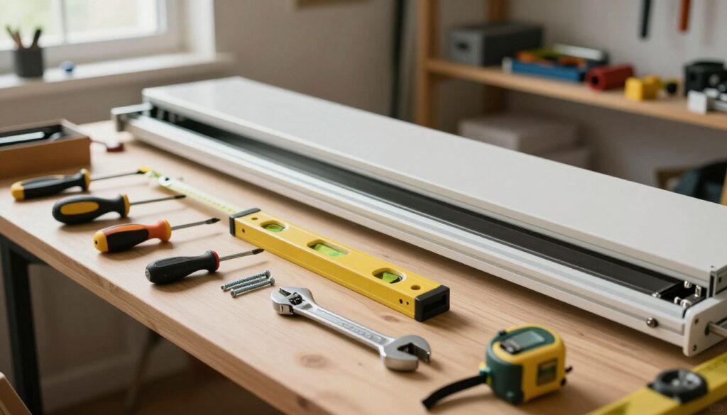 A well-organized workbench featuring an array of tools for adjusting sliding closet doors. In the foreground, a variety of hand tools including a screwdriver, a measuring tape, a level, an adjustable wrench, and small screws laid out neatly. In the middle, a partially open sliding door with visible adjustments needed, showcasing alignment issues and gaps. The background features a tidy workshop space with shelves containing additional tools and hardware. Soft, natural lighting filters in from a window, enhancing the focus on the tools, creating a warm and inviting atmosphere. Photographed from a slightly elevated angle, emphasizing clarity and detail, with a depth of field that highlights both the tools and the sliding door mechanism.